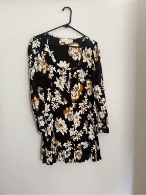 Floral Smocked Waist Long Sleeve Dress - Black/Cream/Brown